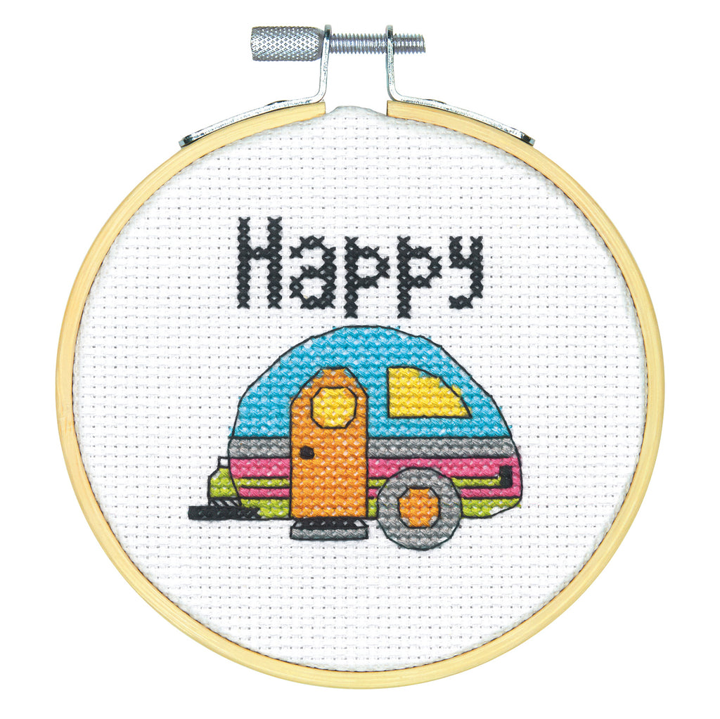 Counted Cross Stitch Kit with Hoop: Happy Camper
