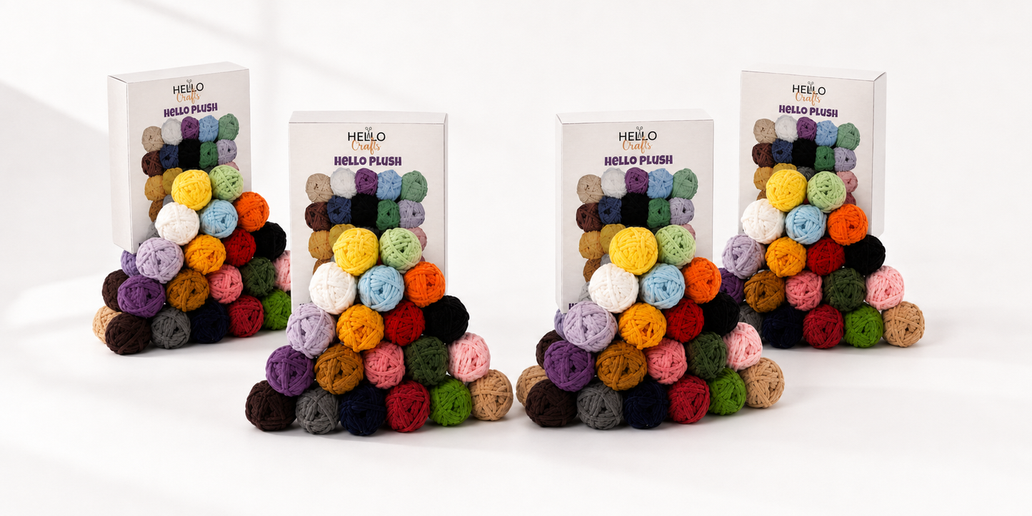 MEGA OFFER 4 boxes of Hello Plush chenille yarn stacked with colourful yarn balls cascading down