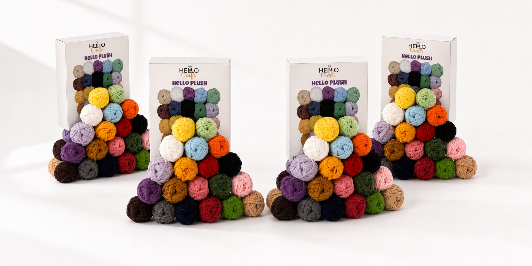 MEGA OFFER 4 boxes of Hello Plush chenille yarn stacked with colourful yarn balls cascading down
