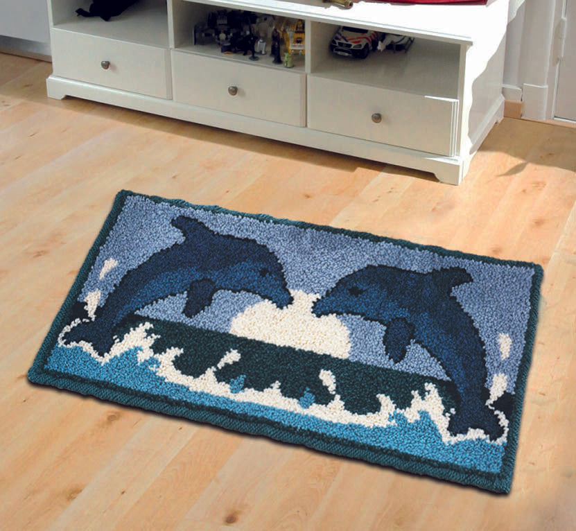 Printed Canvas Latch Hook Rug Kit - Dolphins 50cm x 100cm 3651