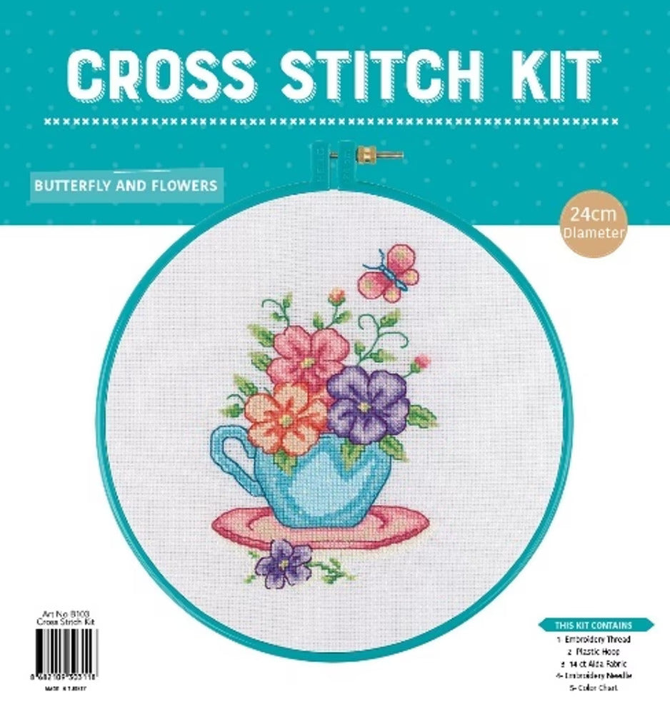 Cross Stitch Hoop Kit - Butterfly & Flowers