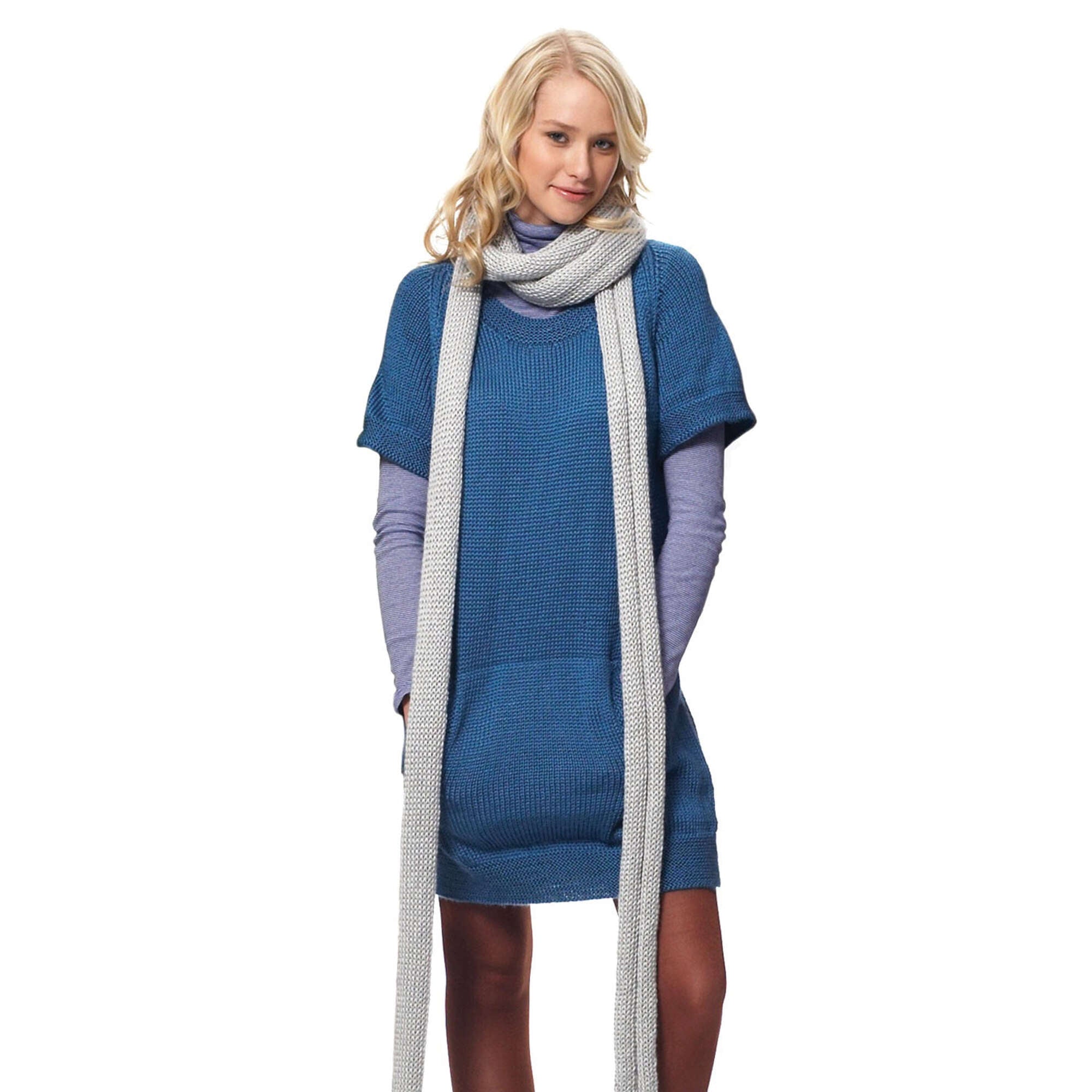 Bernat Knit Dress With Kangaroo Pockets & Scarf (Digital Download)