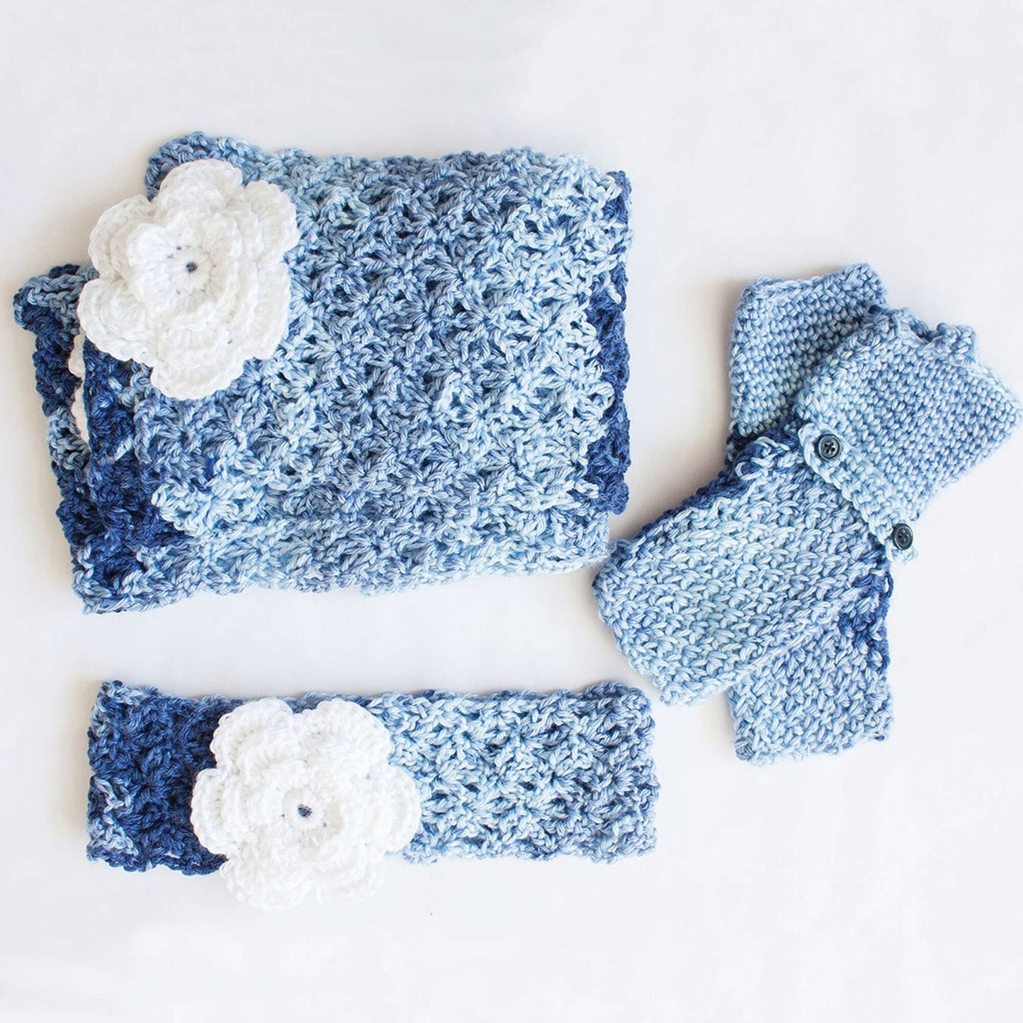 Caron Crochet Cozy Posy Set (Headband, Fingerless Gloves, Scarf) (Digital Download)