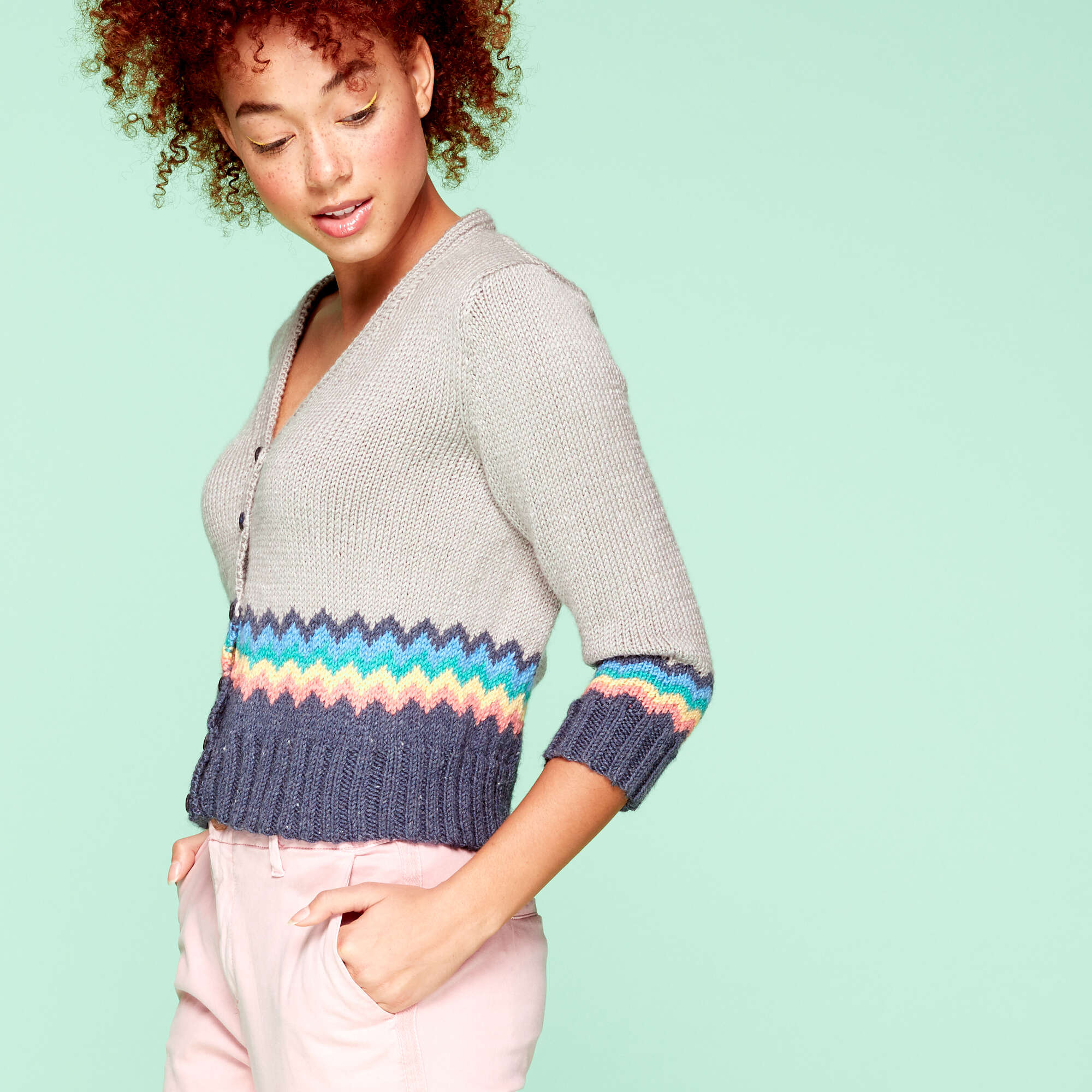 Caron X Pantone Knit Chevron Trim Cardigan (Digital Download)