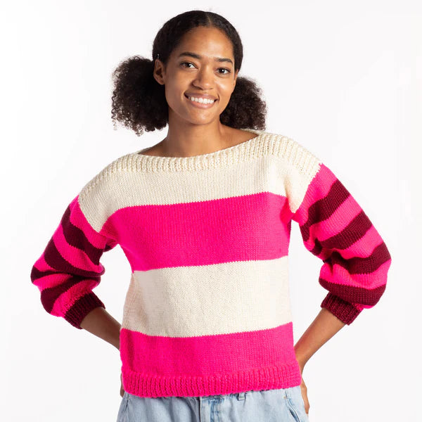 CARON STRIPED HARMONY BEGINNER KNIT SWEATER PATTERN, XS/S