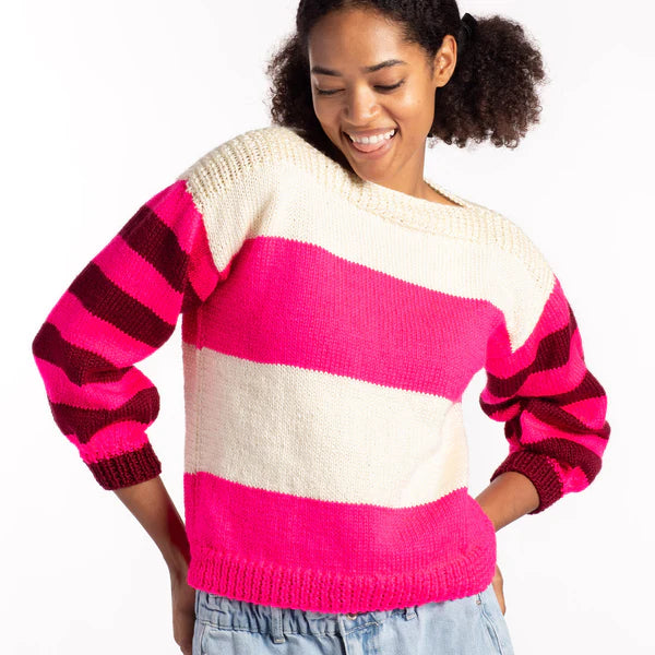 CARON STRIPED HARMONY BEGINNER KNIT SWEATER PATTERN, XS/S