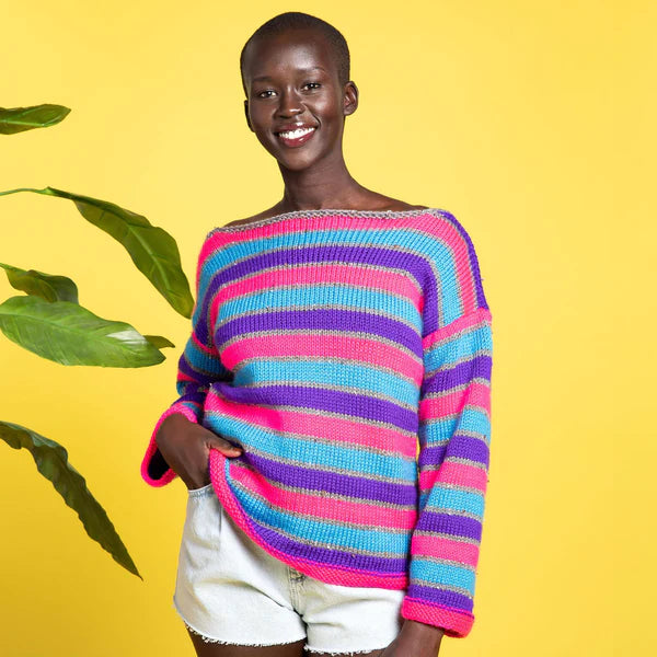 KNITTING PATTERN DOWNLOAD - FREE CARON BOLD STRIPES BOATNECK PULLOVER PATTERN, XS/S