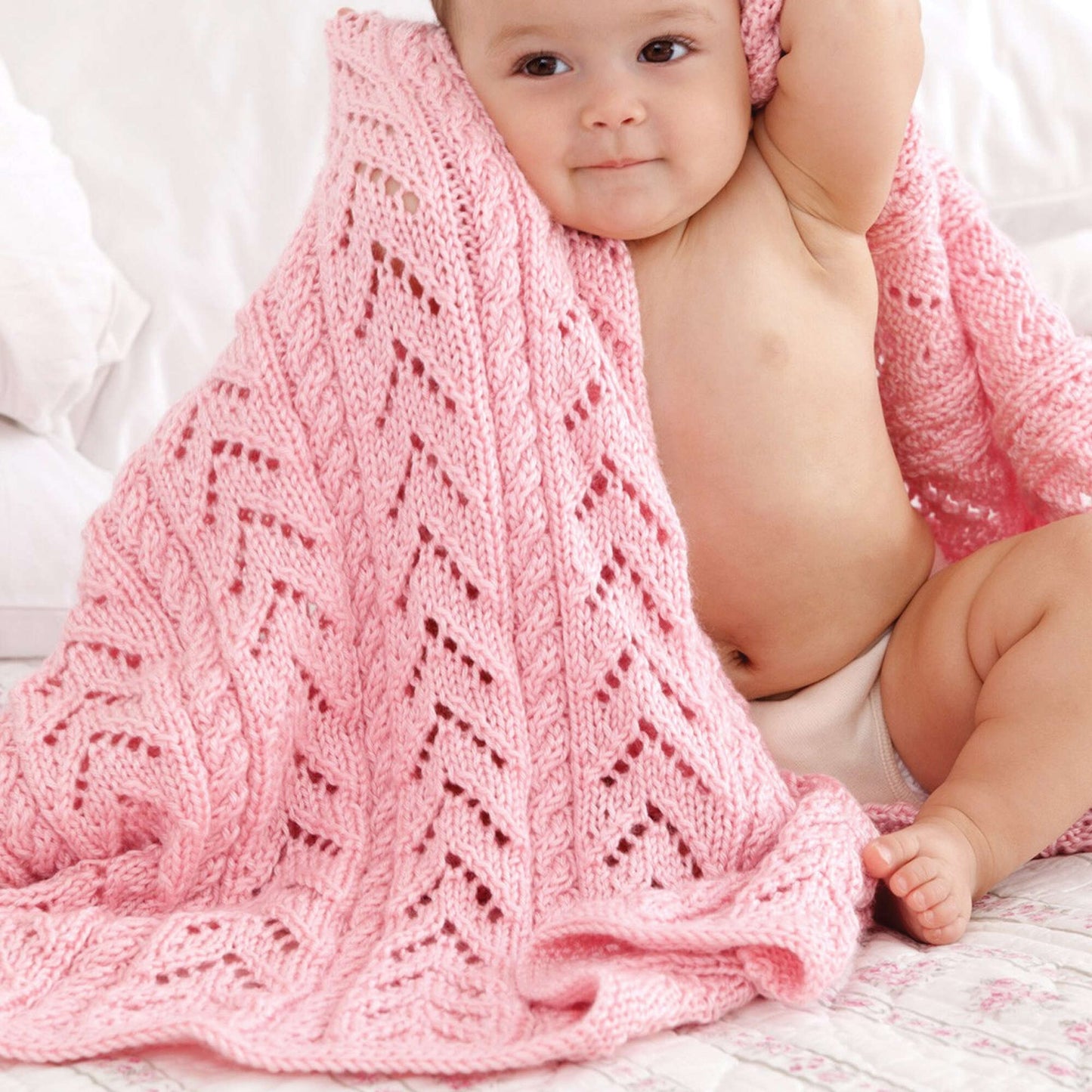 Caron Little Girl Pink Knit Baby Blanket (Digital Download)