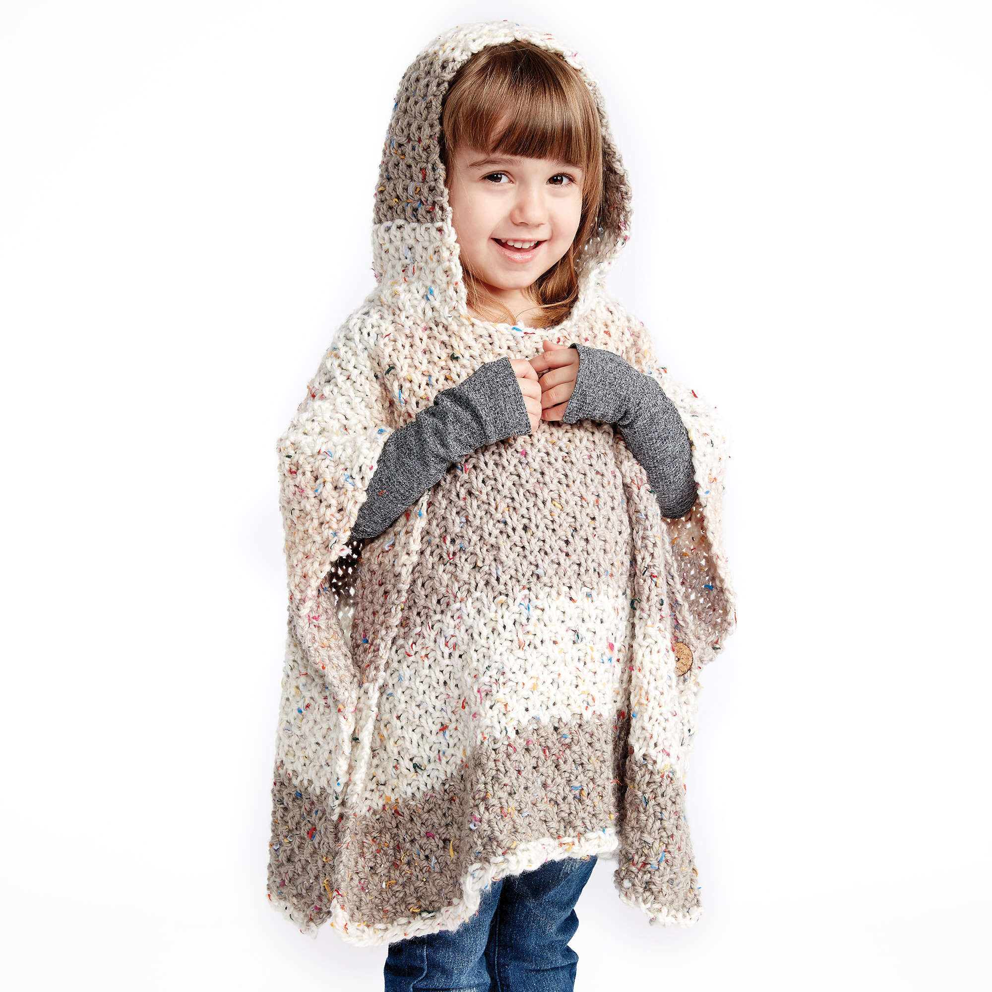 Caron Hooded Girl's Knit Poncho (Digital Download)