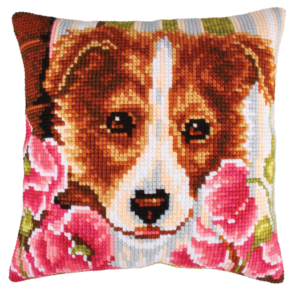 Cross Stitch Kit: Cushion: Dog and Pink Poppies