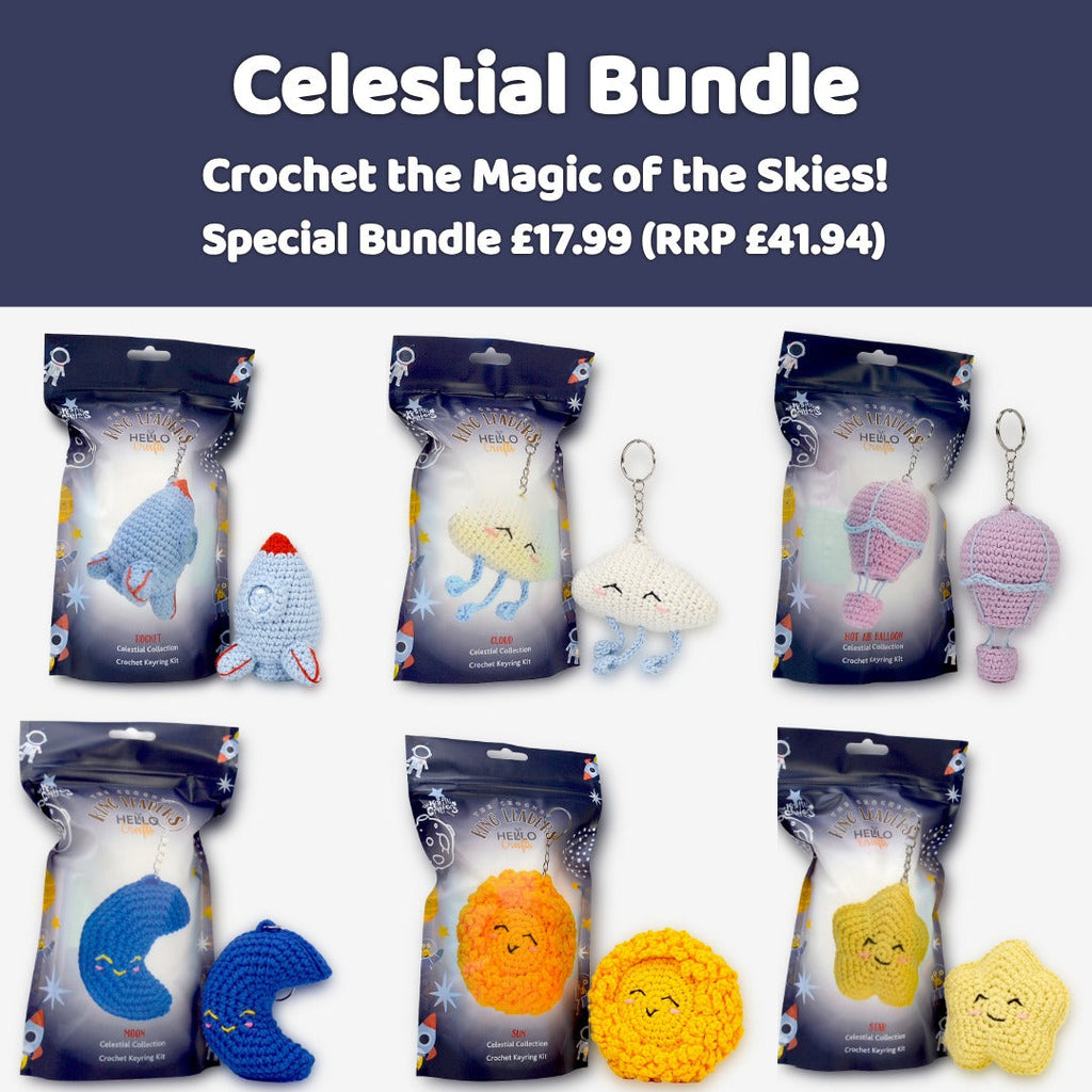 Ringleaders Set of 6 crochet kits - Celestial (Hot Air Balloon, Moon, Cloud, Star, Sun, Rocket ship)