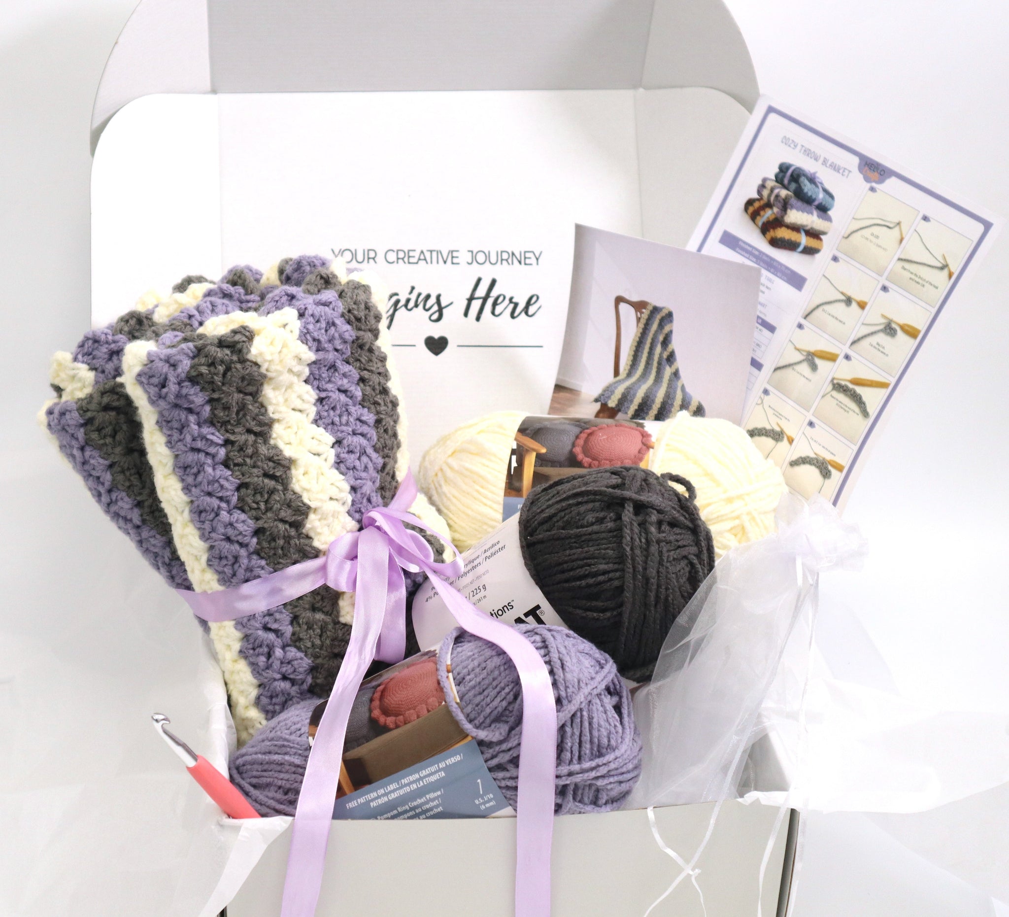 Hello Artisan Box - Cozy Throw Blanket - Lavender Hush - Crochet kit gift box