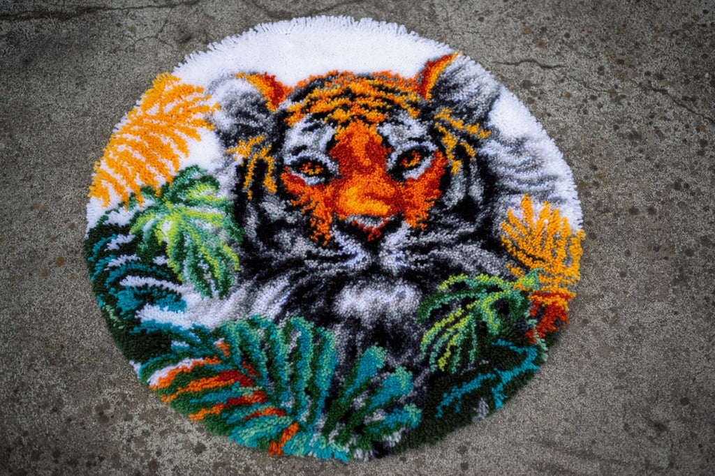 Latch Hook Kit: Rug: Shaped: Tiger With Jungle Leaves