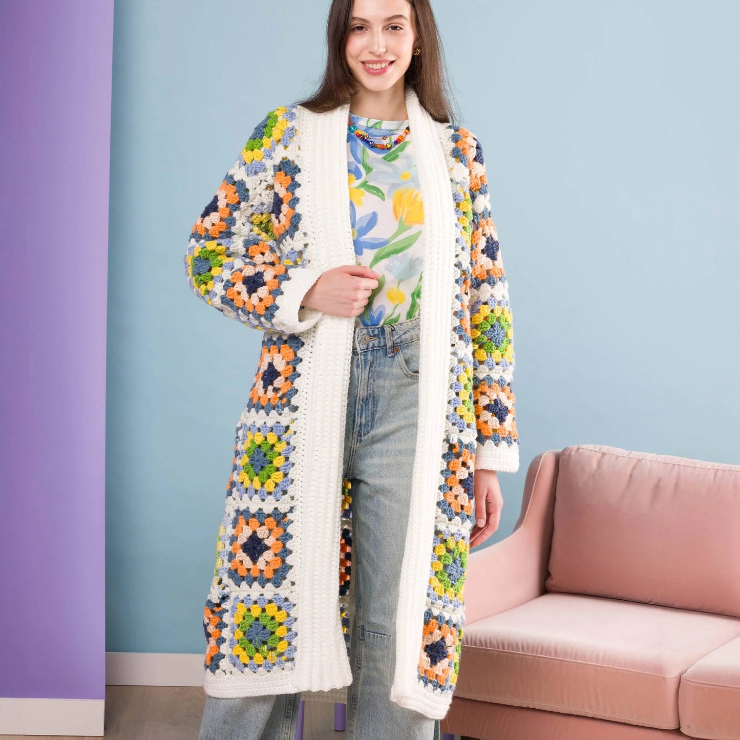 CROCHET PATTERN DOWNLOAD - Free Red Heart Crochet Granny Square Coatigan Pattern, XS/S/M