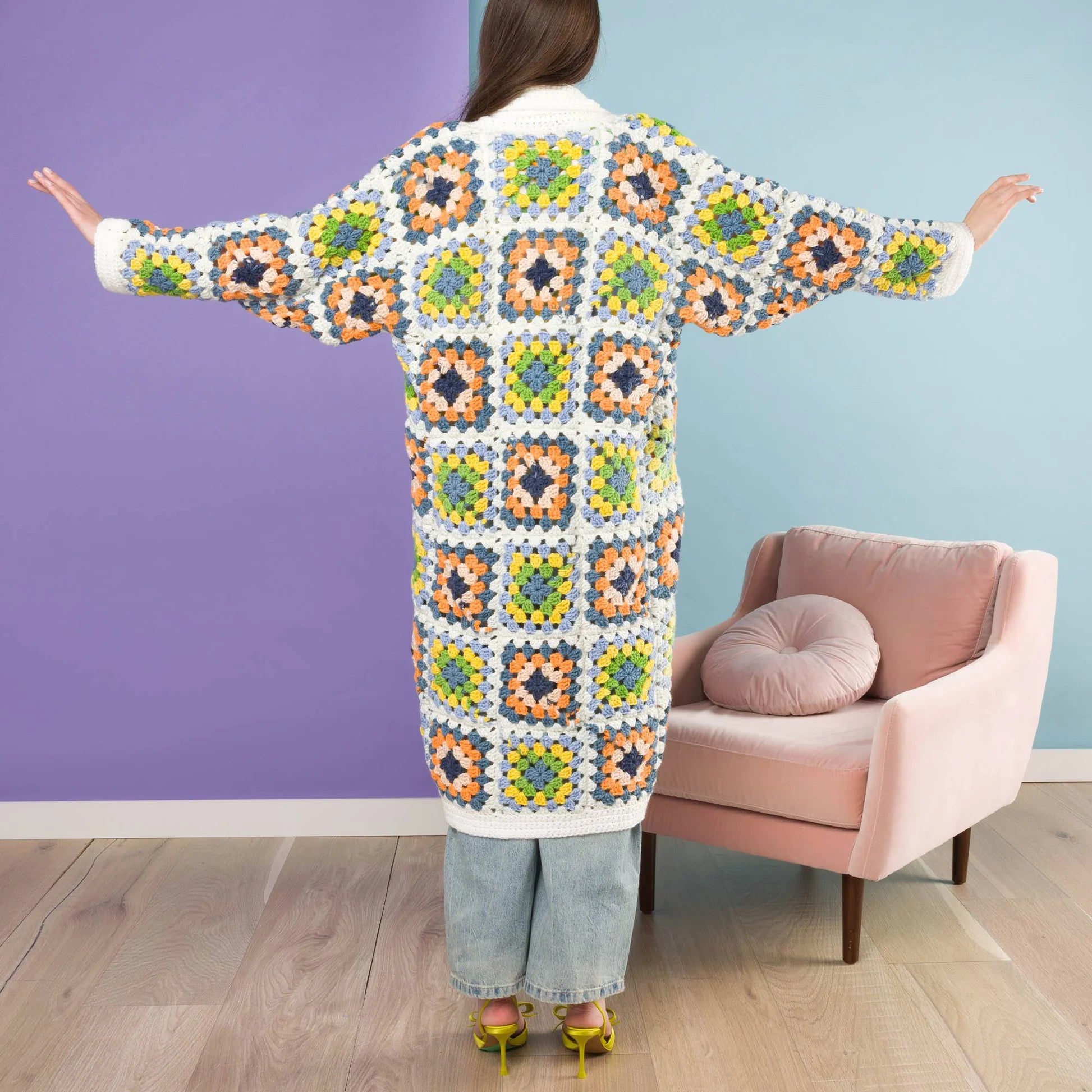 CROCHET PATTERN DOWNLOAD - Free Red Heart Crochet Granny Square Coatigan Pattern, XS/S/M