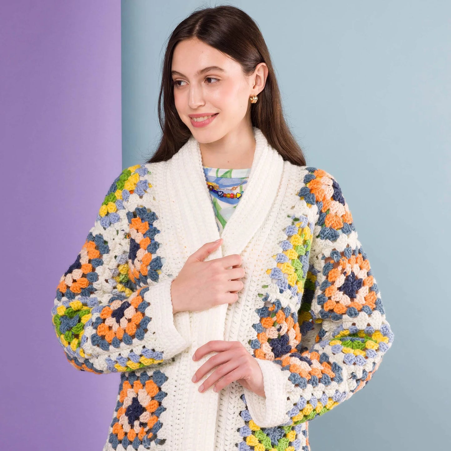 CROCHET PATTERN DOWNLOAD - Free Red Heart Crochet Granny Square Coatigan Pattern, XS/S/M