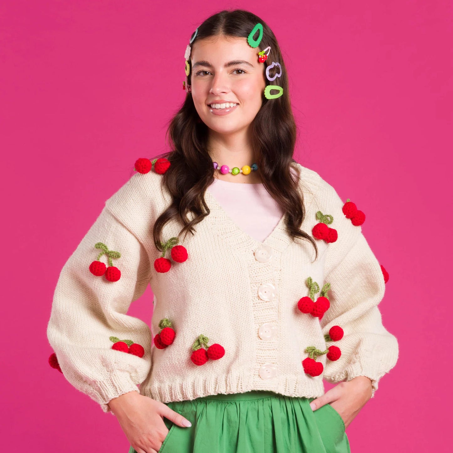 CROCHET PATTERN DOWNLOAD - Free Red Heart Knit Cardigan with Crochet Cherry Pattern