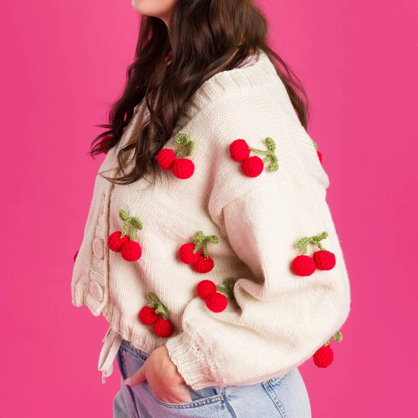 CROCHET PATTERN DOWNLOAD - Free Red Heart Knit Cardigan with Crochet Cherry Pattern