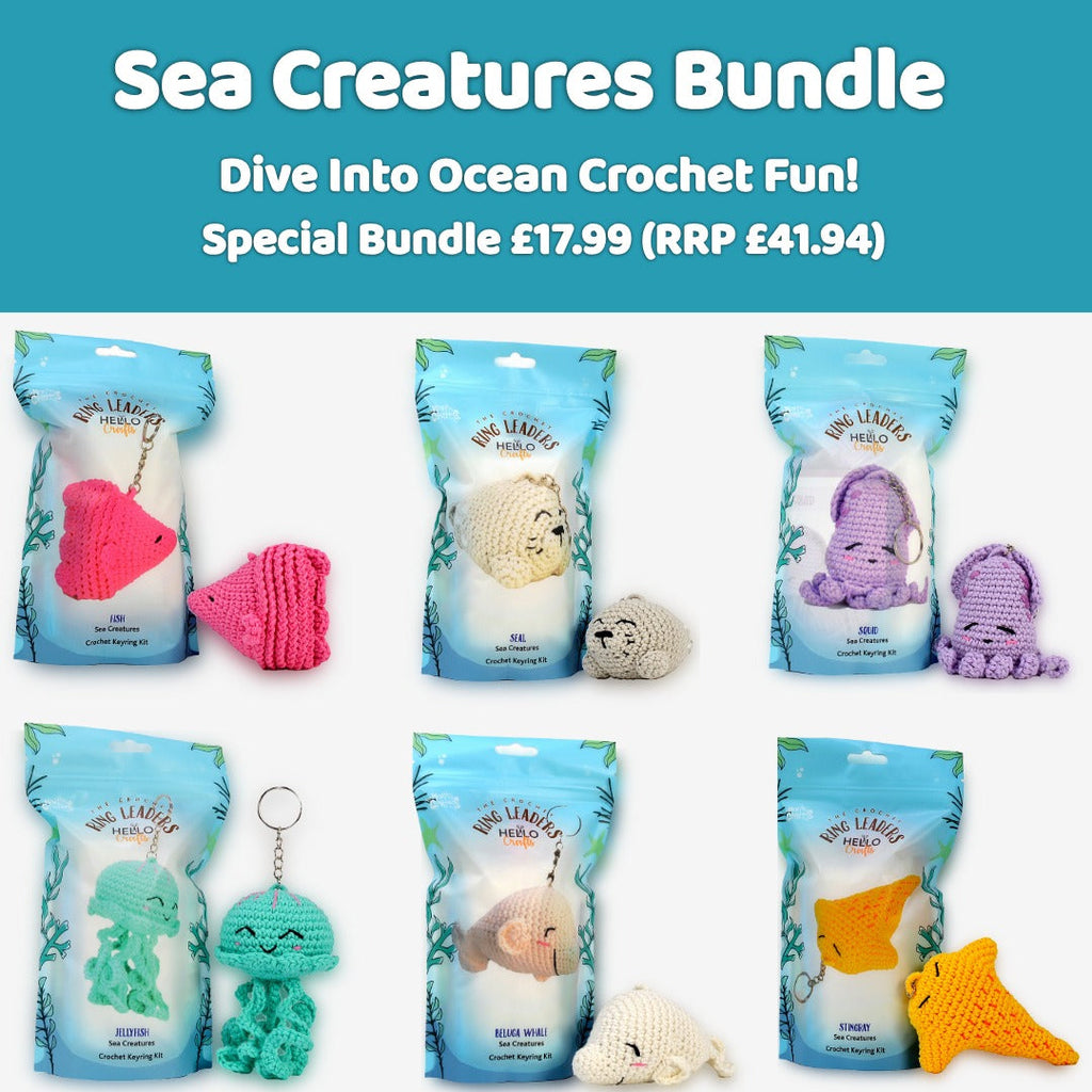 Ringleaders Set of 6 crochet kits - Sea Creatures (Fish, Jellyfish, Seal, Squid, Stingray, Beluga Whale)