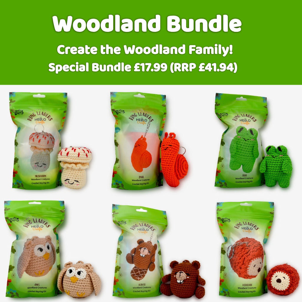 Ringleaders Set of 6 crochet kits - Woodland (Frog, Hedgehog, Mushroom, Owl, Snail, Beaver)