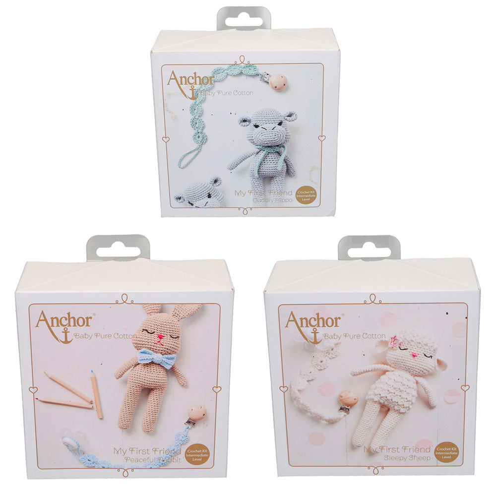 Set of 3 Crochet Kits: Baby Pure Cotton: Amigurumi Sheep, Hippo & Rabbit
