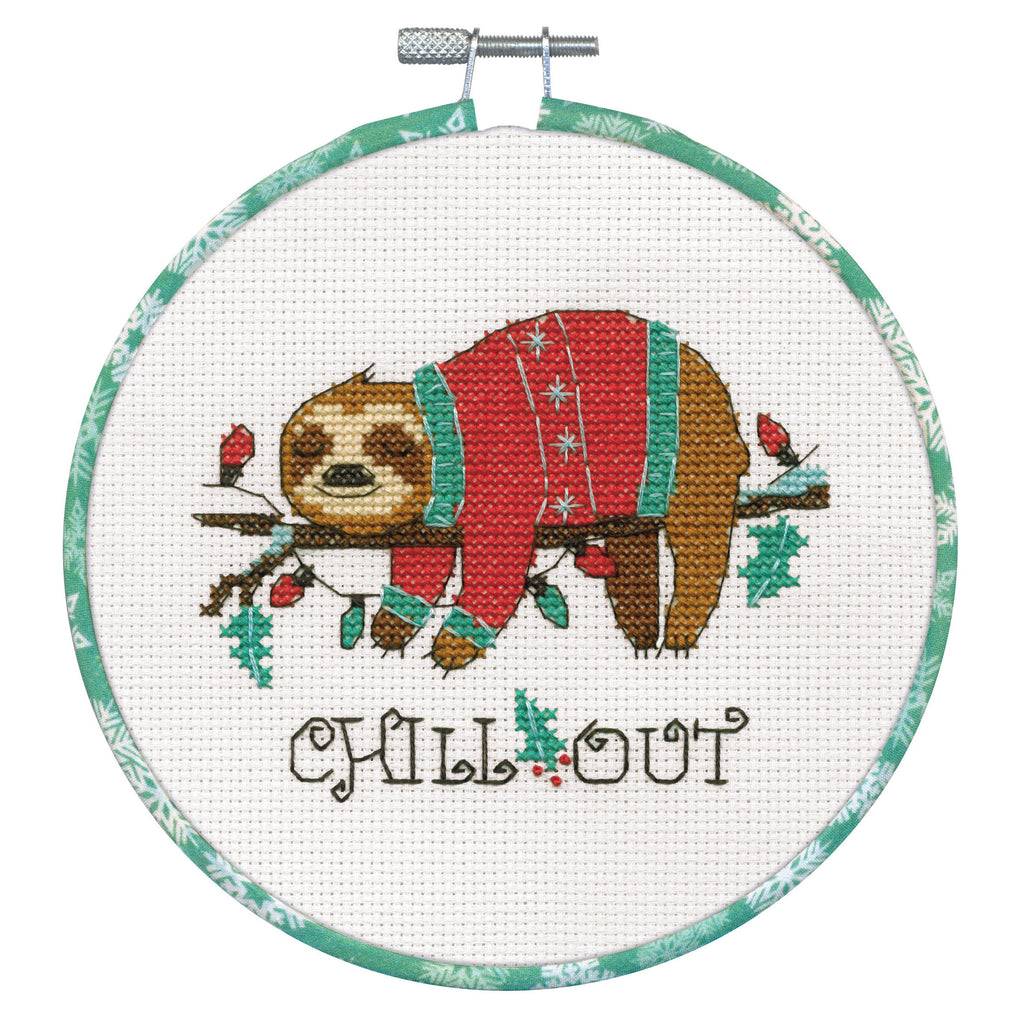 Counted Cross Stitch Kit with Hoop: Christmas Sloth
