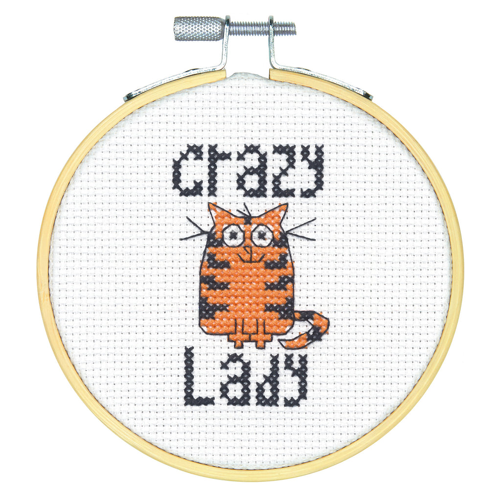 Counted Cross Stitch Kit with Hoop: Crazy Cat Lady