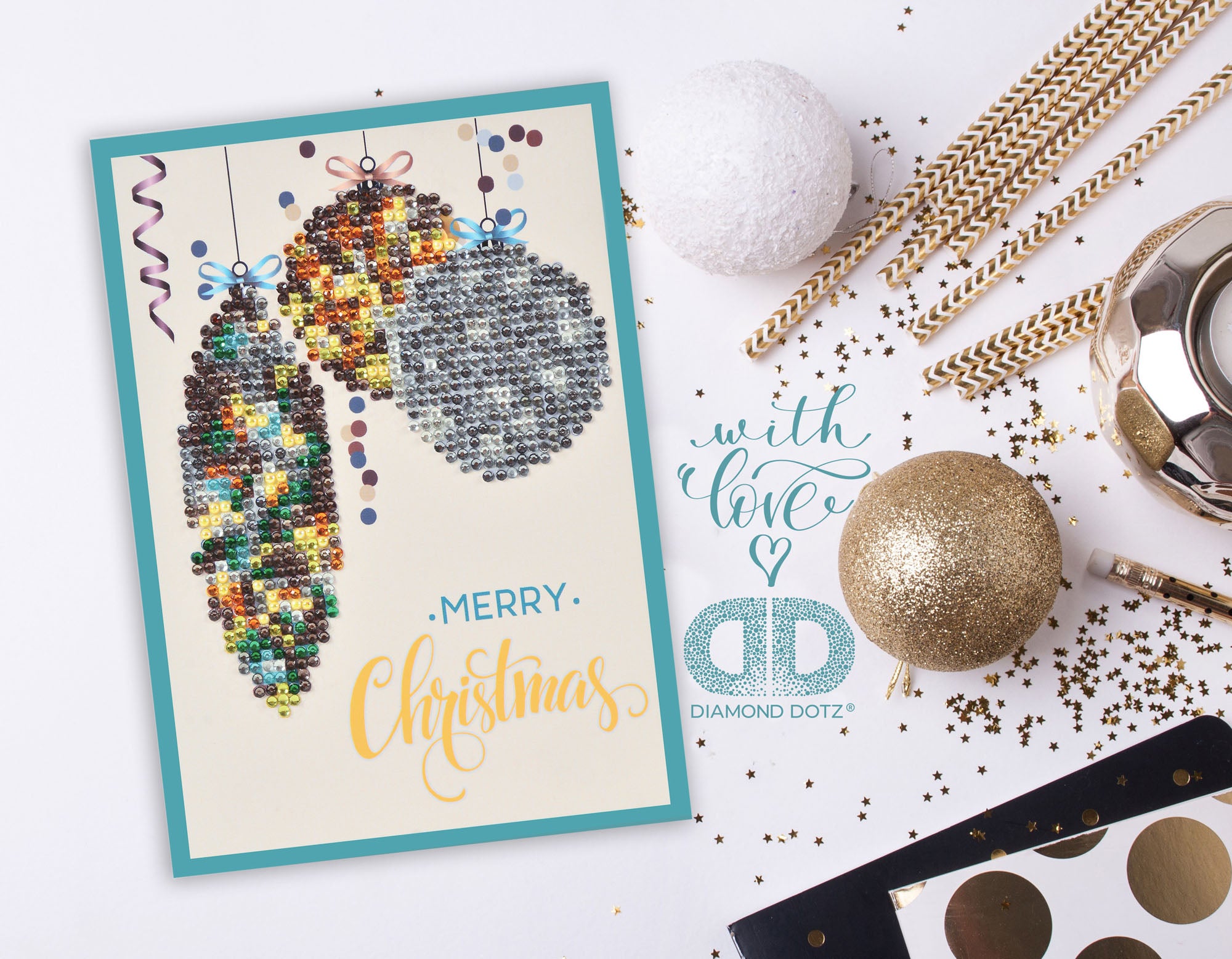 Diamond Painting Kit: Greeting Card Kit: Merry Christmas Baubles: Antique