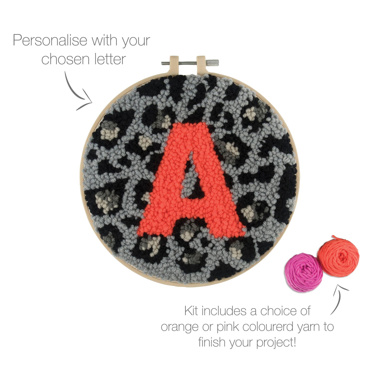 Punch Needle Kit: Yarn and Hoop: Animal Print Monogram