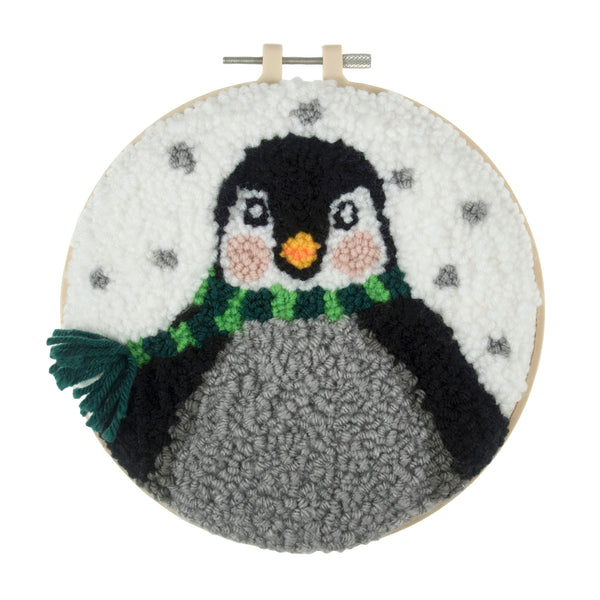 Punch Needle Kit: Yarn and Hoop: Penguin