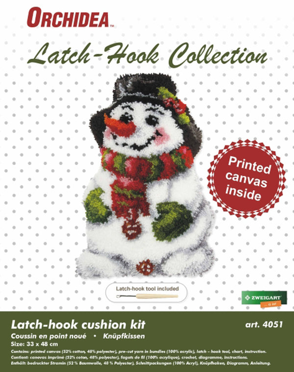 Latch Hook Kit: Shaped Cushion: Snowman