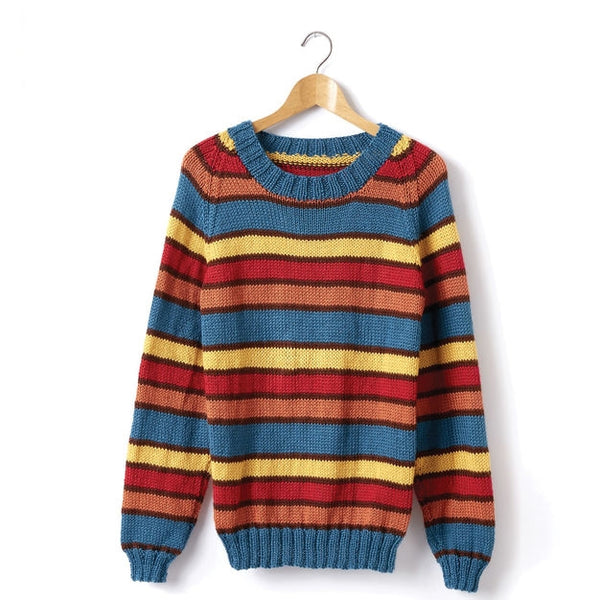 Caron Adult Knit Crew Neck Striped Pullover, Rainbow - 2XL/3XL